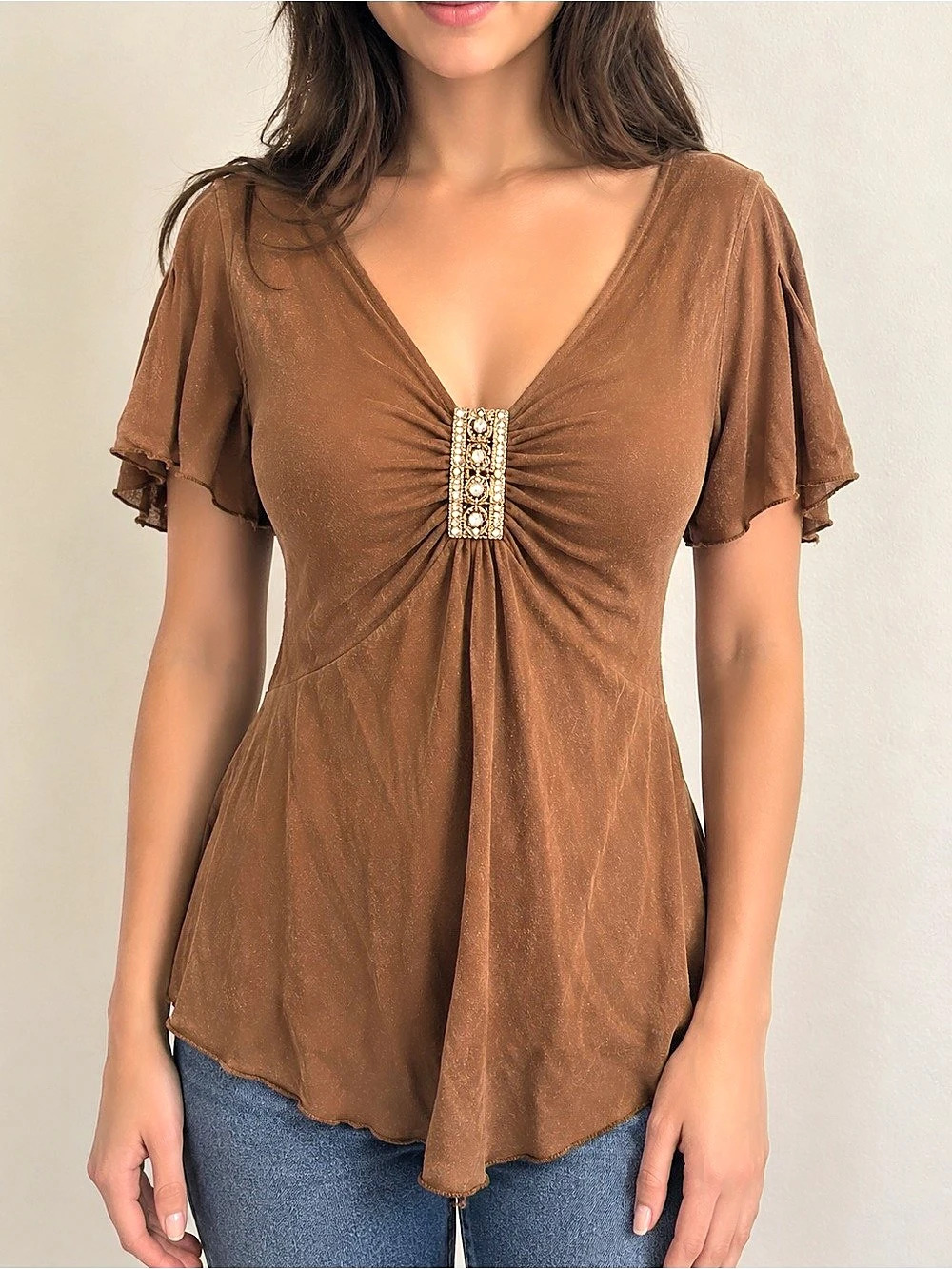Express Vintage Embellished Brown Top Slit sleeves Size Large